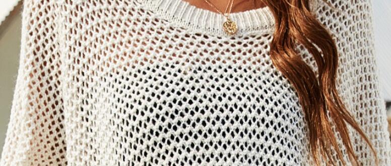 Round Neck Bat Sleeve Loose Openwork Sweater - Elevra