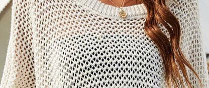 Round Neck Bat Sleeve Loose Openwork Sweater - Elevra