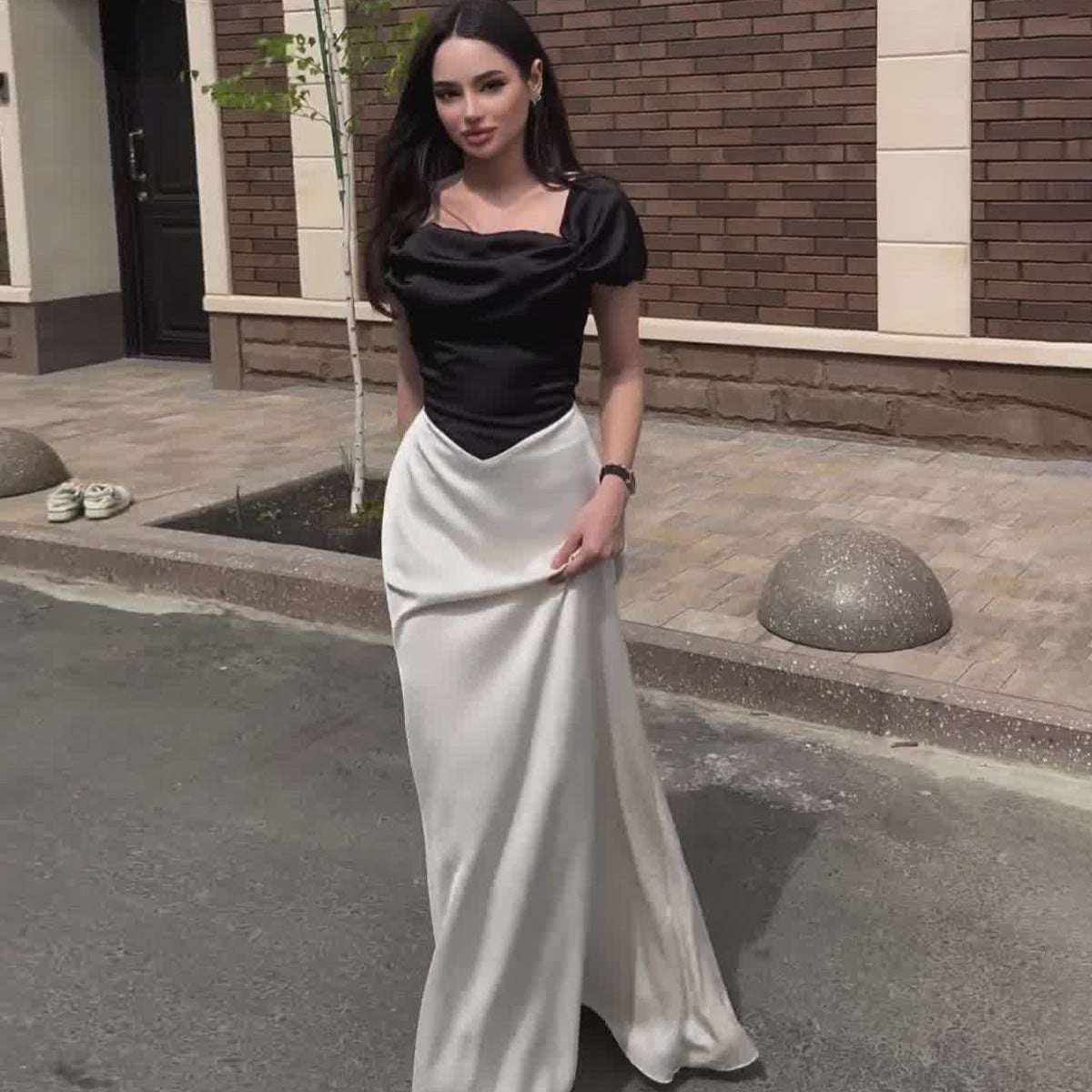 Satin Slim Fit Black And White Stitching Contrast Color Puff Sleeve Lace - up Dress - Elevra