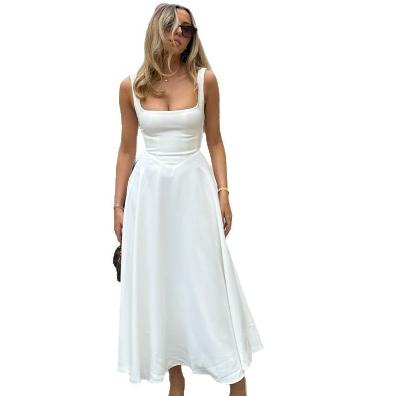 Square - neck Sleeveless Waist Trimming Sling Dress - Elevra