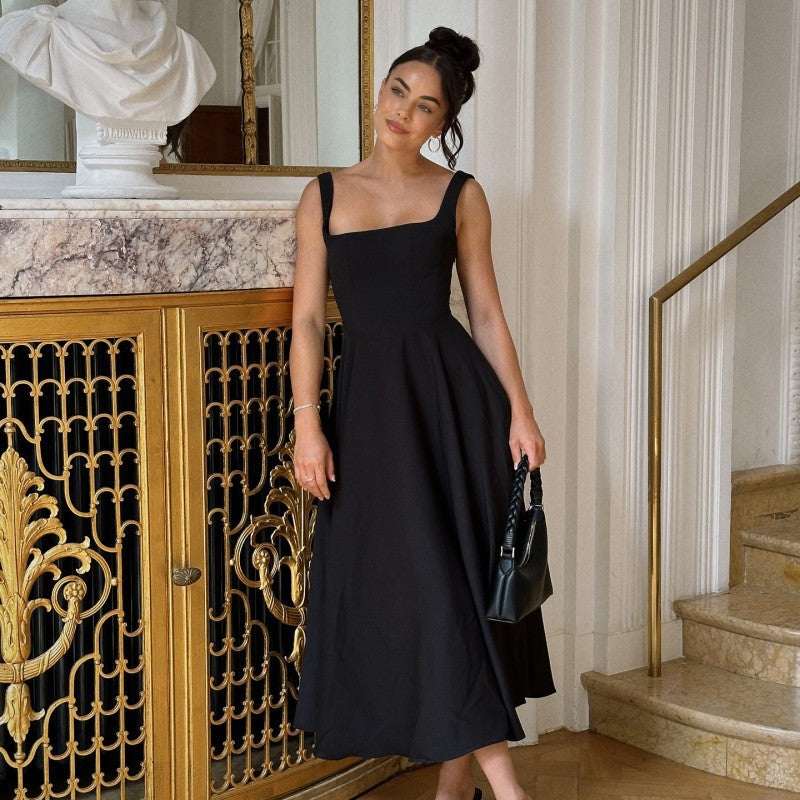 Square - neck Sleeveless Waist Trimming Sling Dress - Elevra