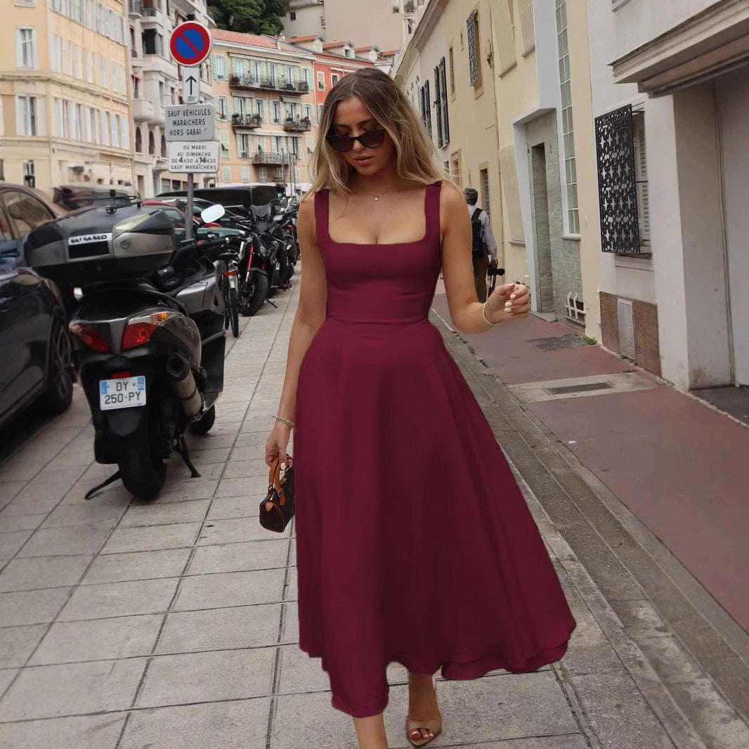 Square - neck Sleeveless Waist Trimming Sling Dress - Elevra