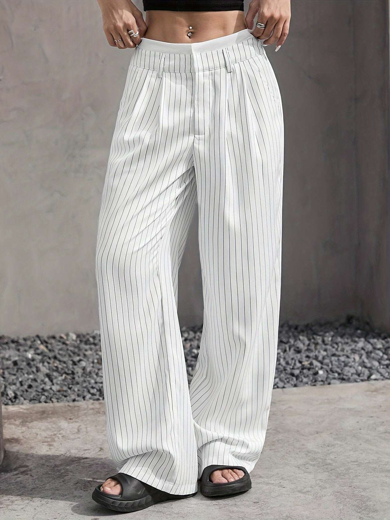 Stripe Printed Trousers Fashion High Waist Straight Leg Pants With Pocket Zipper Casual Suit Pants For Women - Elevra