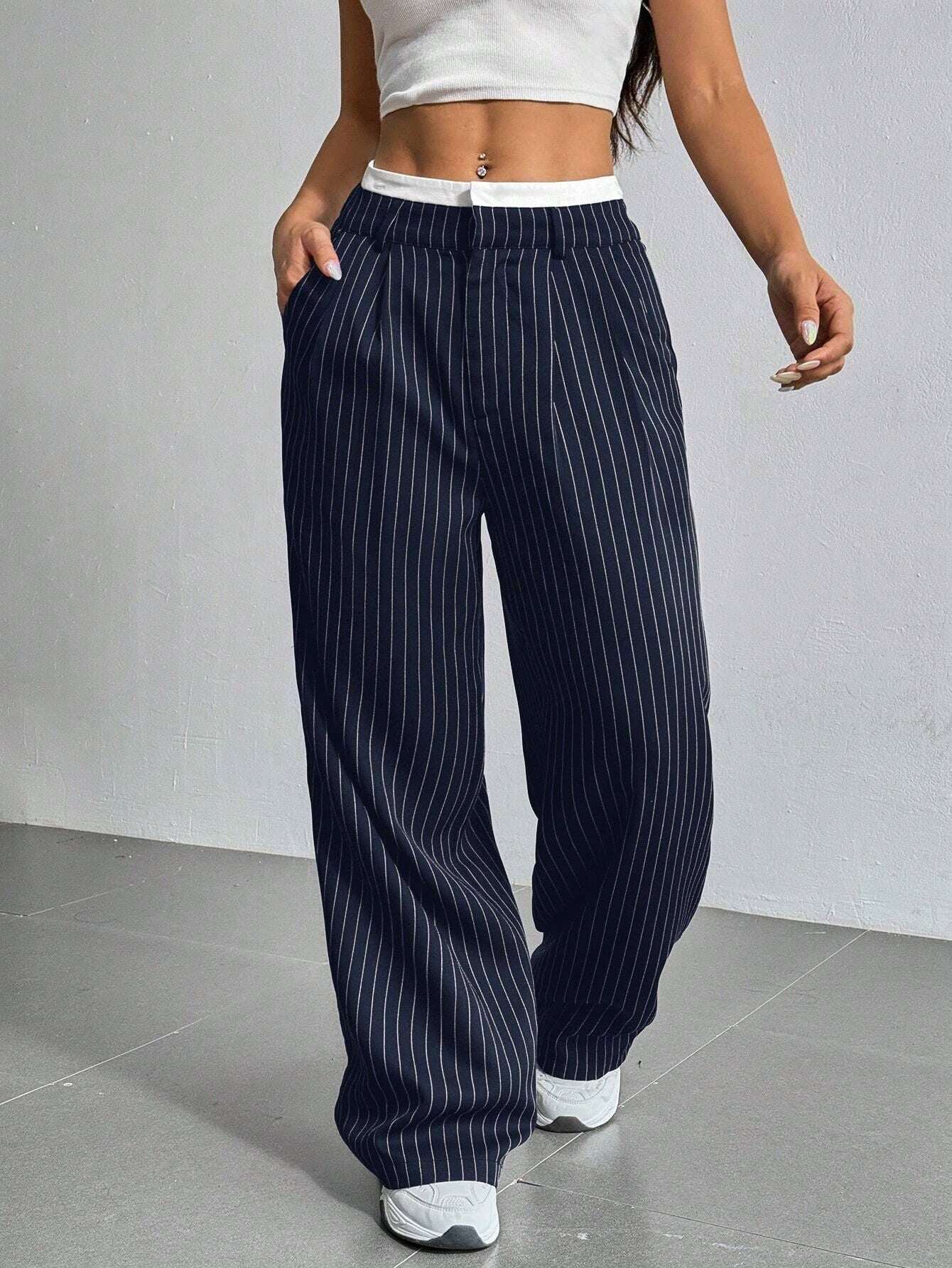 Stripe Printed Trousers Fashion High Waist Straight Leg Pants With Pocket Zipper Casual Suit Pants For Women - Elevra