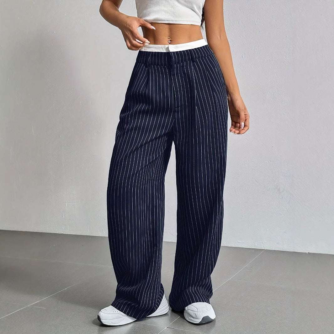 Stripe Printed Trousers Fashion High Waist Straight Leg Pants With Pocket Zipper Casual Suit Pants For Women - Elevra