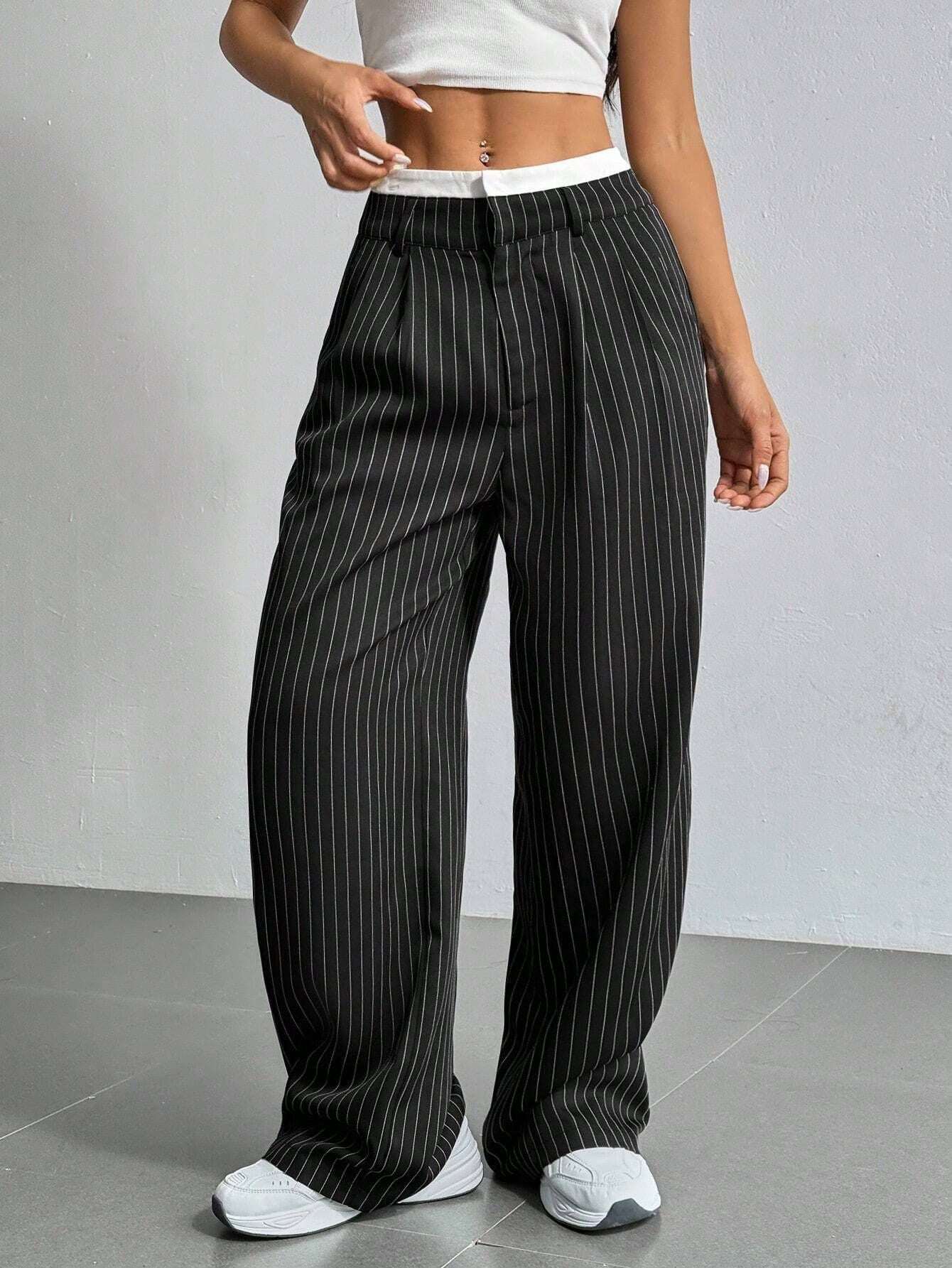 Stripe Printed Trousers Fashion High Waist Straight Leg Pants With Pocket Zipper Casual Suit Pants For Women - Elevra