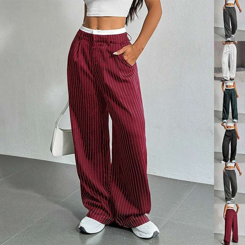 Stripe Printed Trousers Fashion High Waist Straight Leg Pants With Pocket Zipper Casual Suit Pants For Women - Elevra
