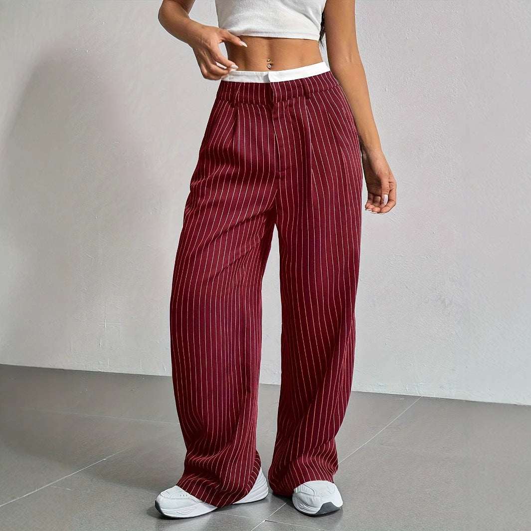Stripe Printed Trousers Fashion High Waist Straight Leg Pants With Pocket Zipper Casual Suit Pants For Women - Elevra
