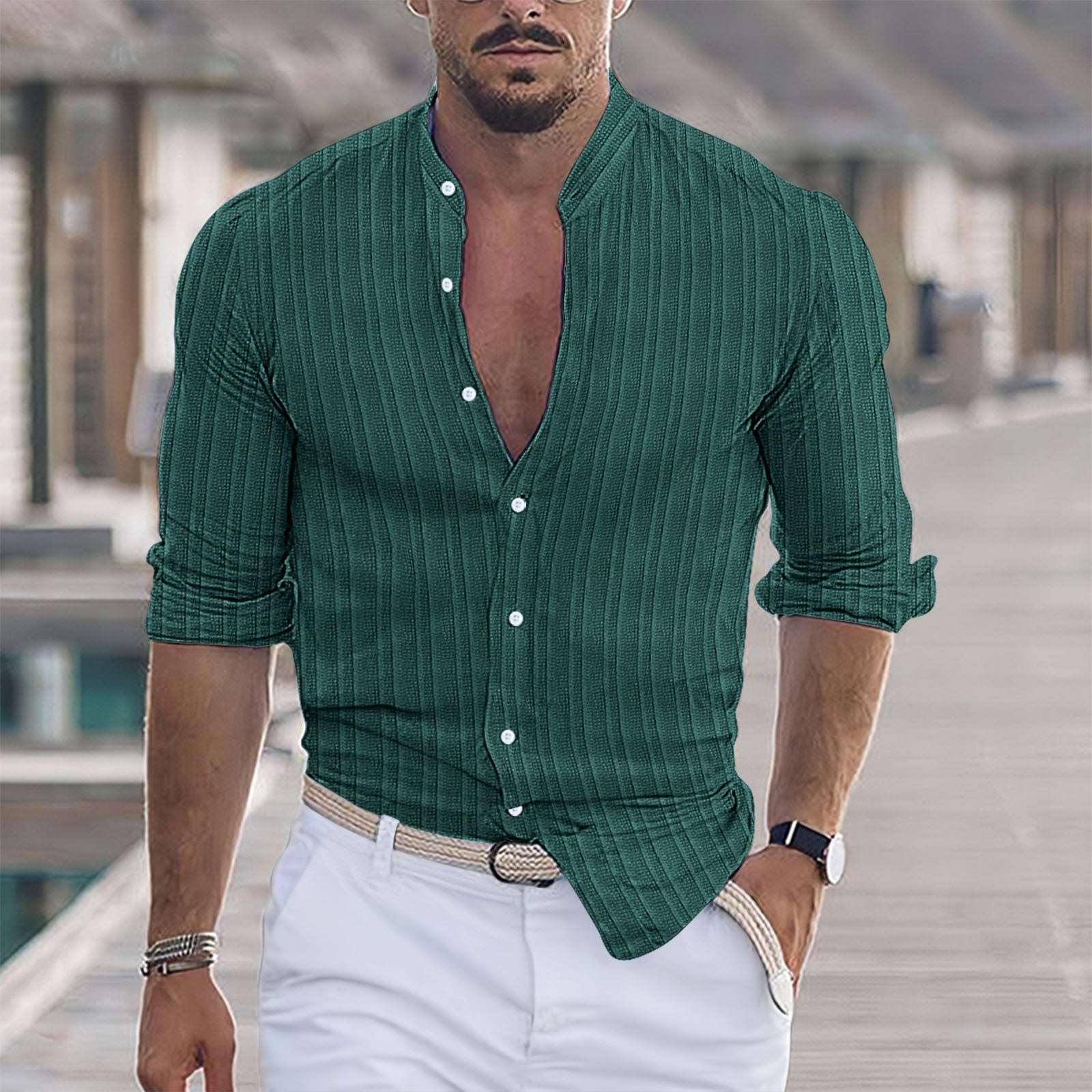 Striped Jacquard Casual Loose - fit Long - sleeve Shirt In Multiple Colors - Elevra