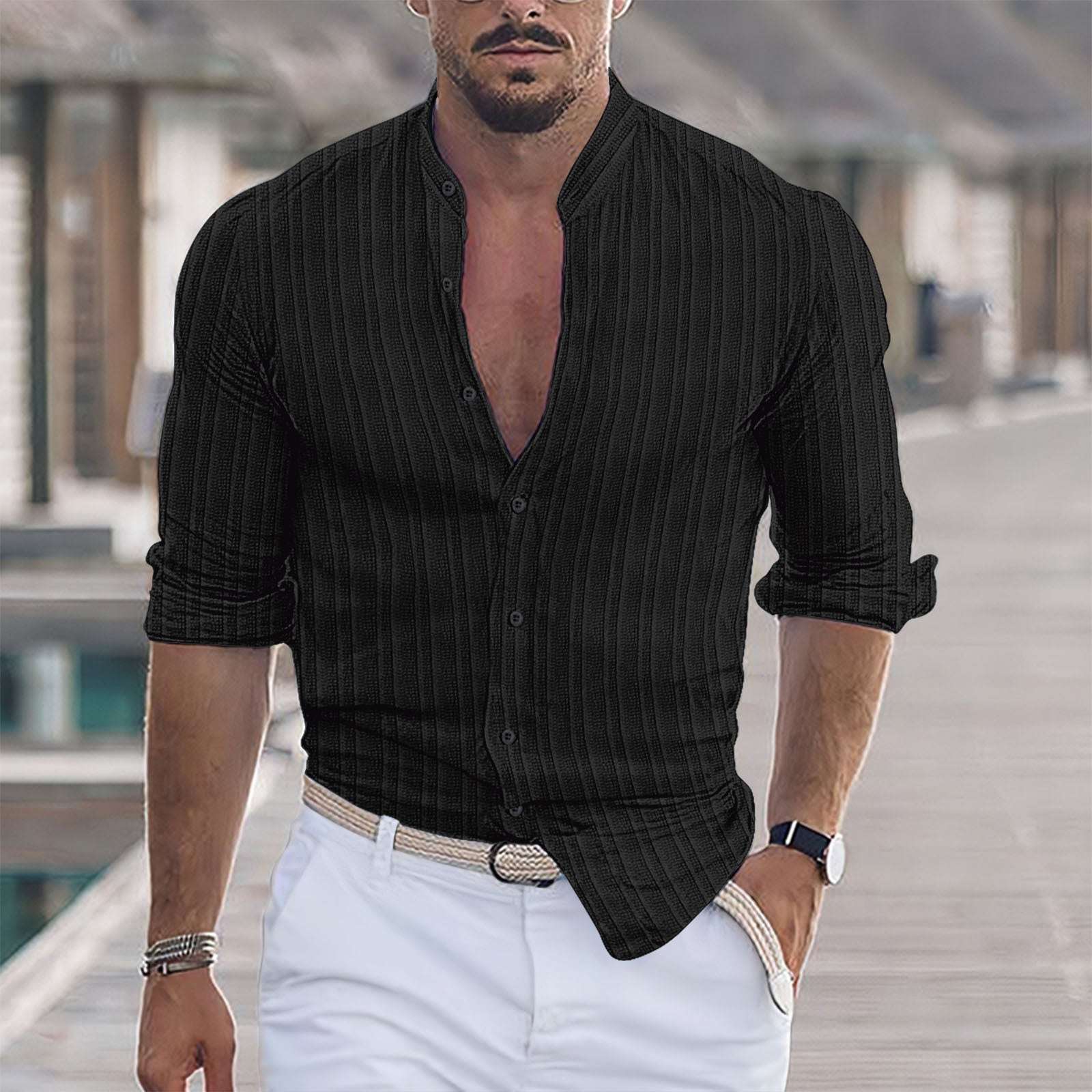 Striped Jacquard Casual Loose - fit Long - sleeve Shirt In Multiple Colors - Elevra
