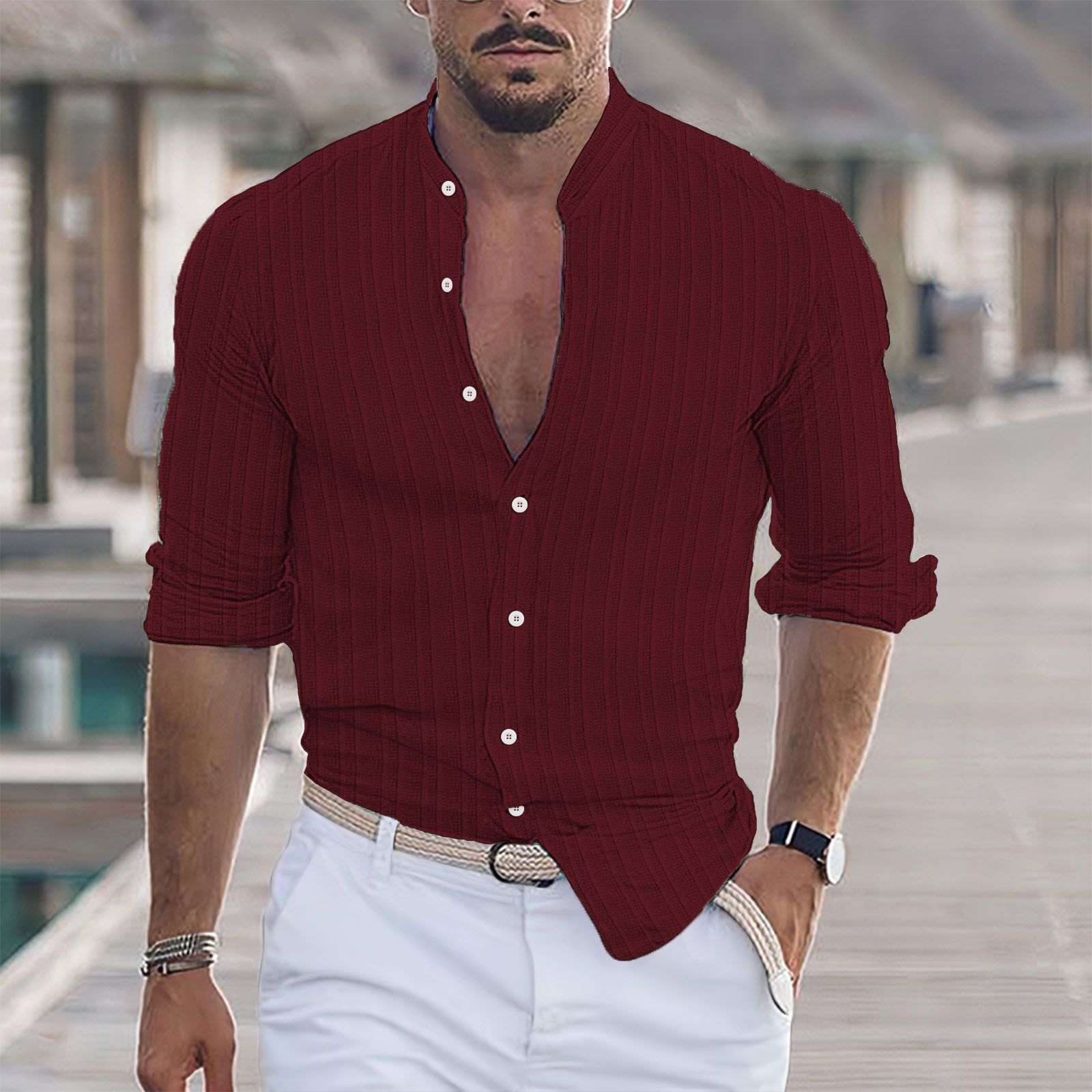 Striped Jacquard Casual Loose - fit Long - sleeve Shirt In Multiple Colors - Elevra