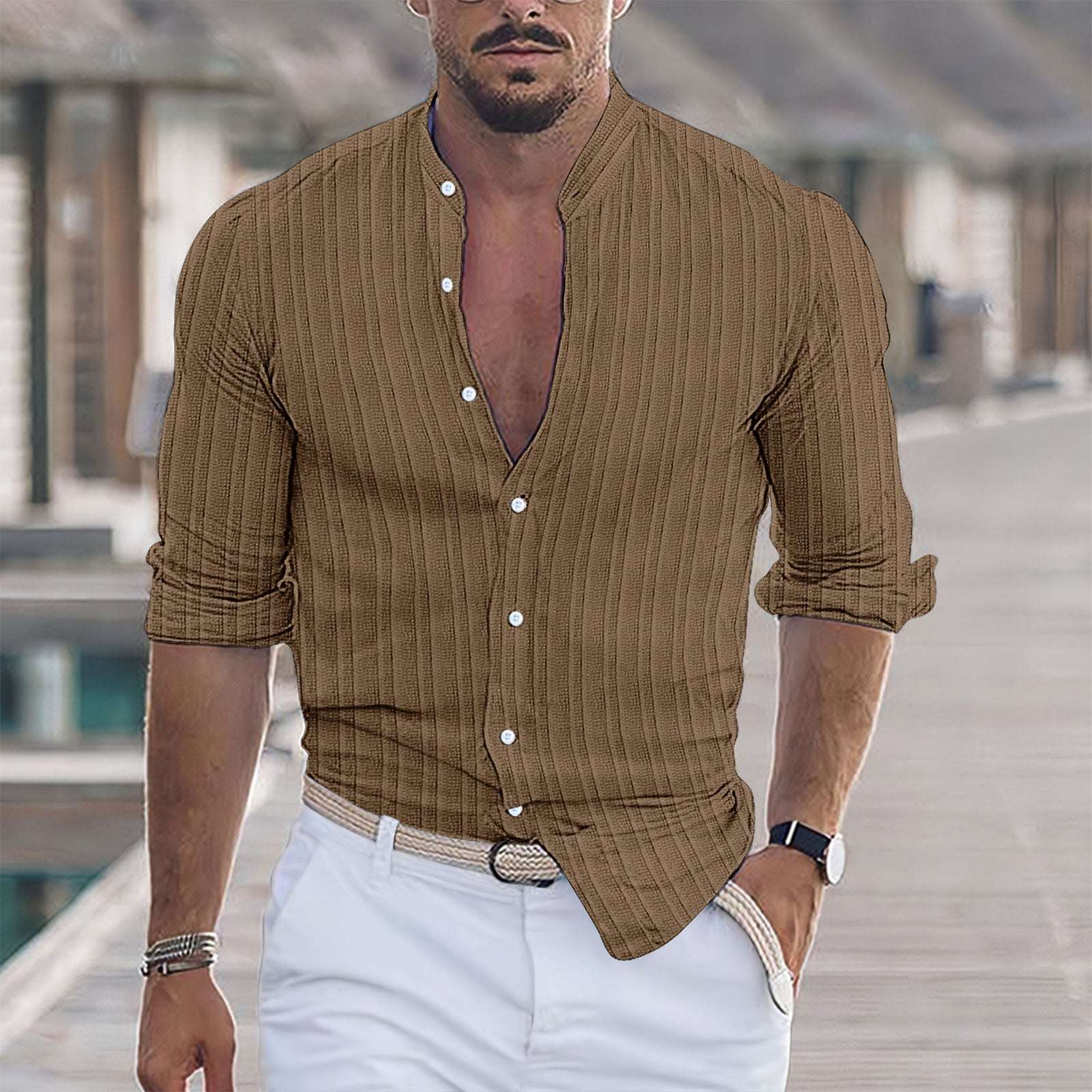 Striped Jacquard Casual Loose - fit Long - sleeve Shirt In Multiple Colors - Elevra
