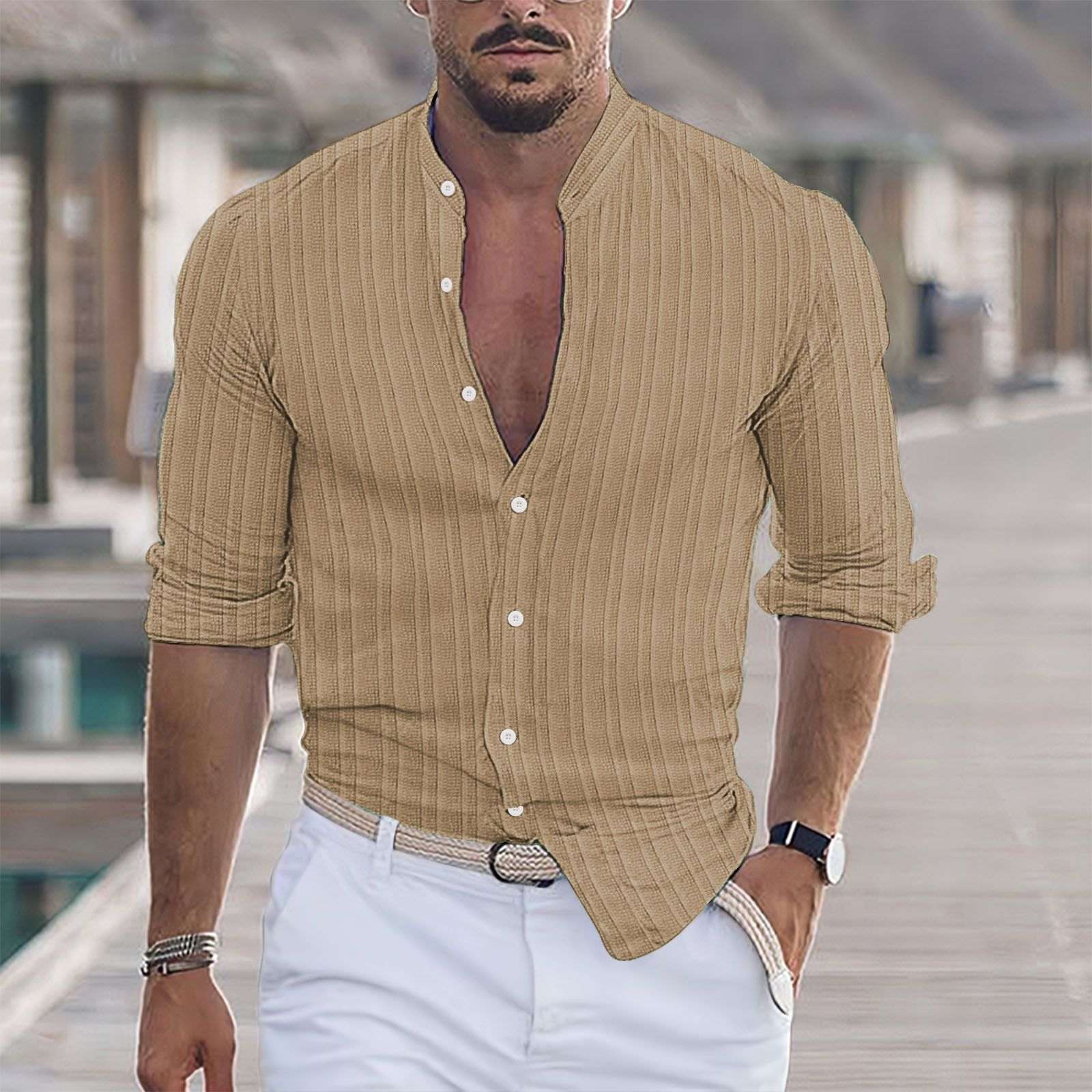 Striped Jacquard Casual Loose - fit Long - sleeve Shirt In Multiple Colors - Elevra
