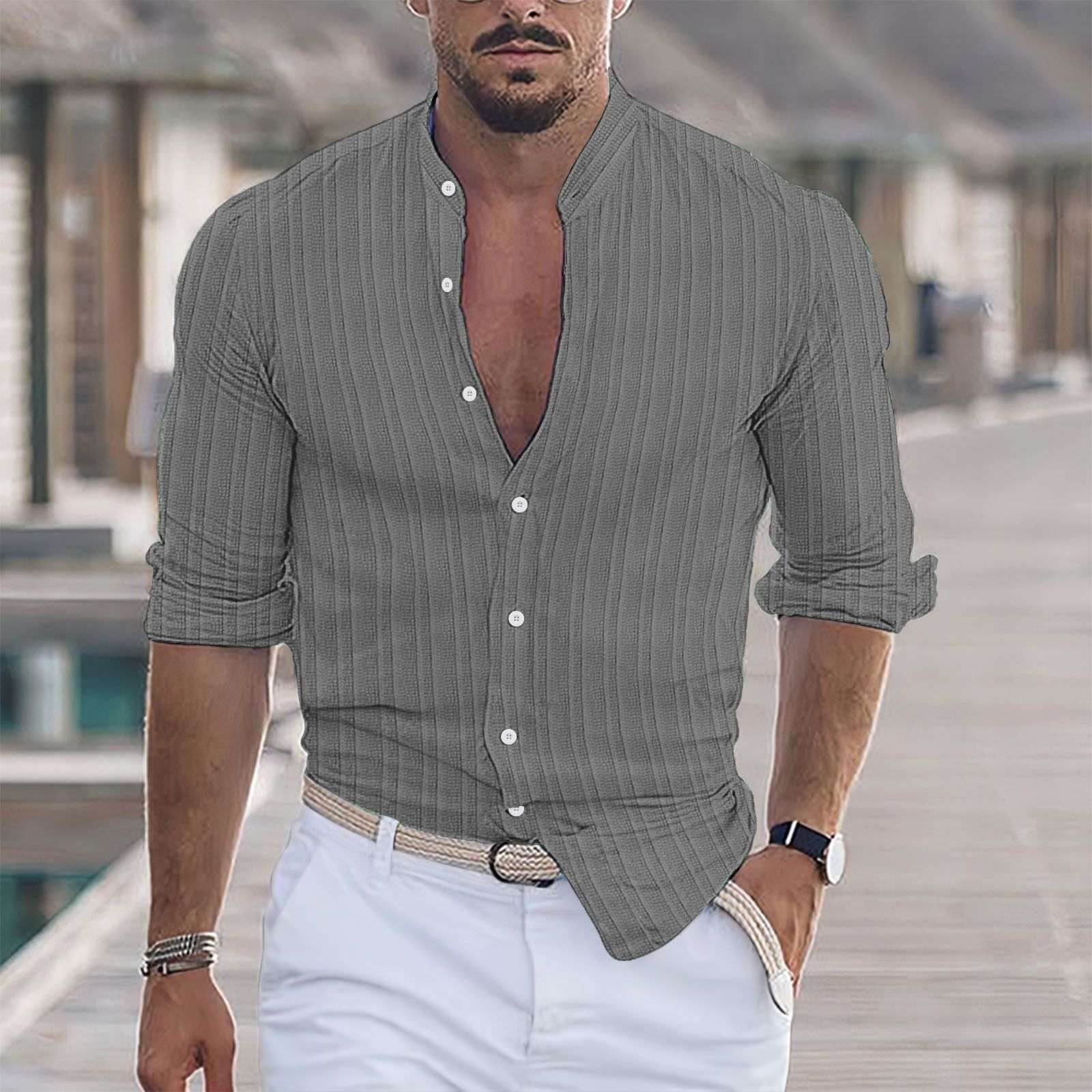 Striped Jacquard Casual Loose - fit Long - sleeve Shirt In Multiple Colors - Elevra