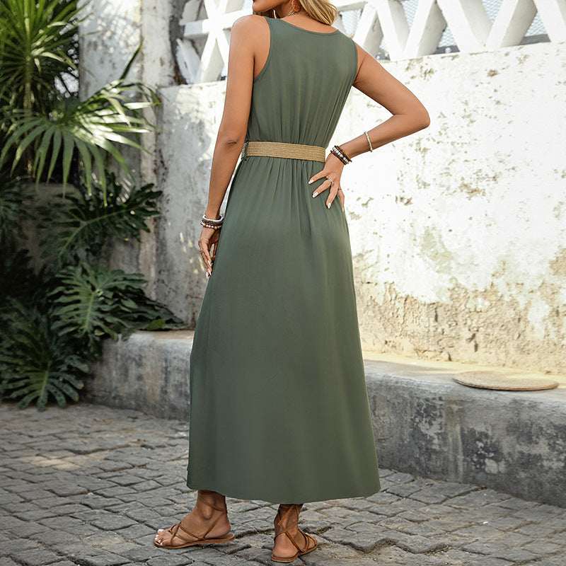 Summer Round - neck Sleeveless Split Dress With Button Design Fashion Solid Beach Long Dresses For Women Clothing - Elevra