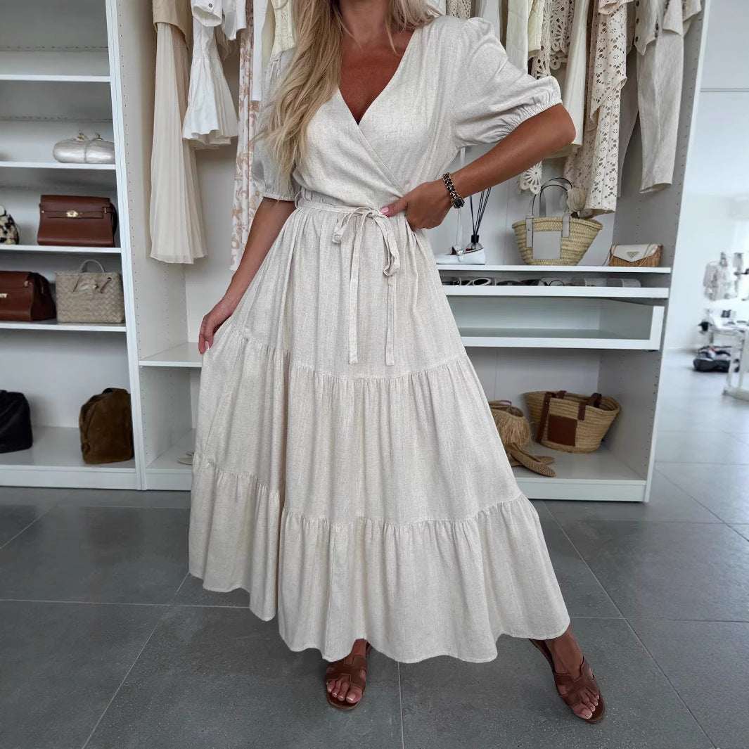 Summer V - neck Dress Wrapped Chest Solid Color Loose Lace - up Dress - Elevra