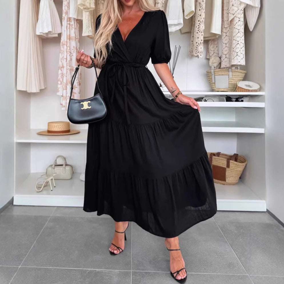 Summer V - neck Dress Wrapped Chest Solid Color Loose Lace - up Dress - Elevra