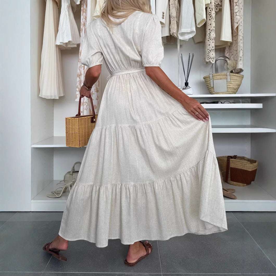 Summer V - neck Dress Wrapped Chest Solid Color Loose Lace - up Dress - Elevra