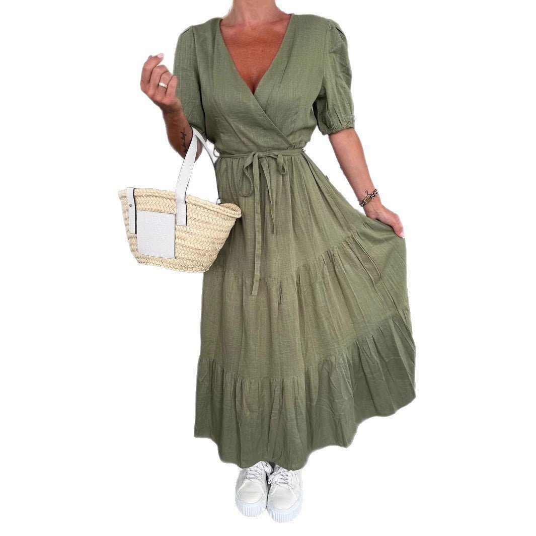Summer V - neck Dress Wrapped Chest Solid Color Loose Lace - up Dress - Elevra