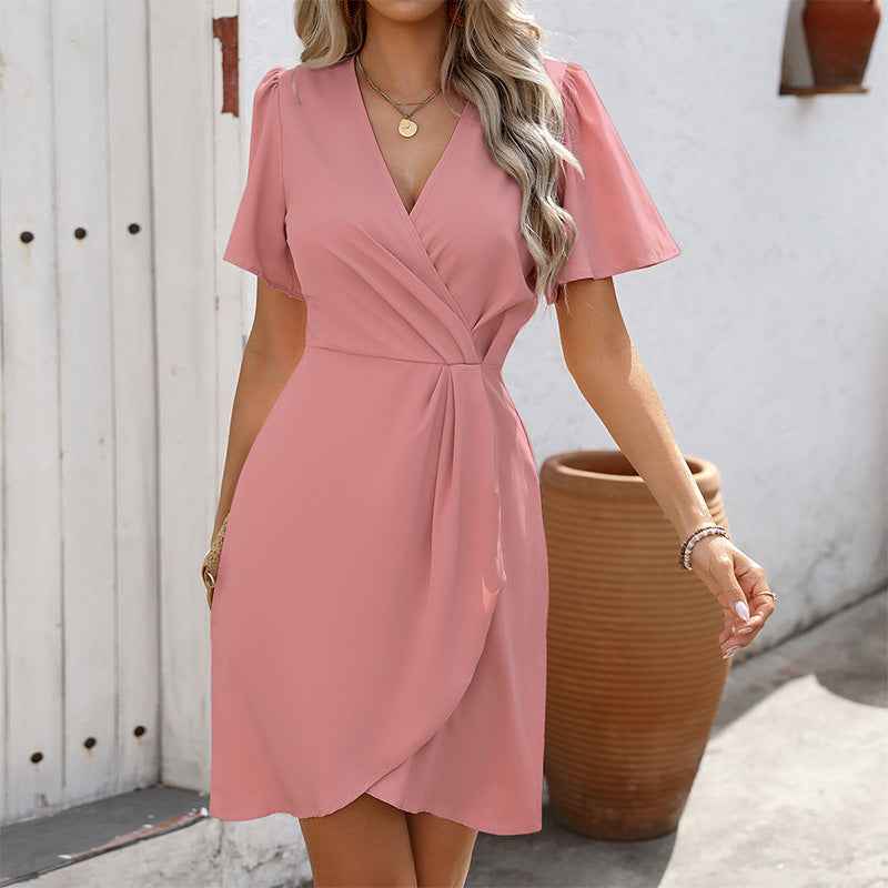 Summer V - neck Short - sleeved Dress Ins Fashion Tight - Waisted Beach Dresses Women's Clothing - Elevra