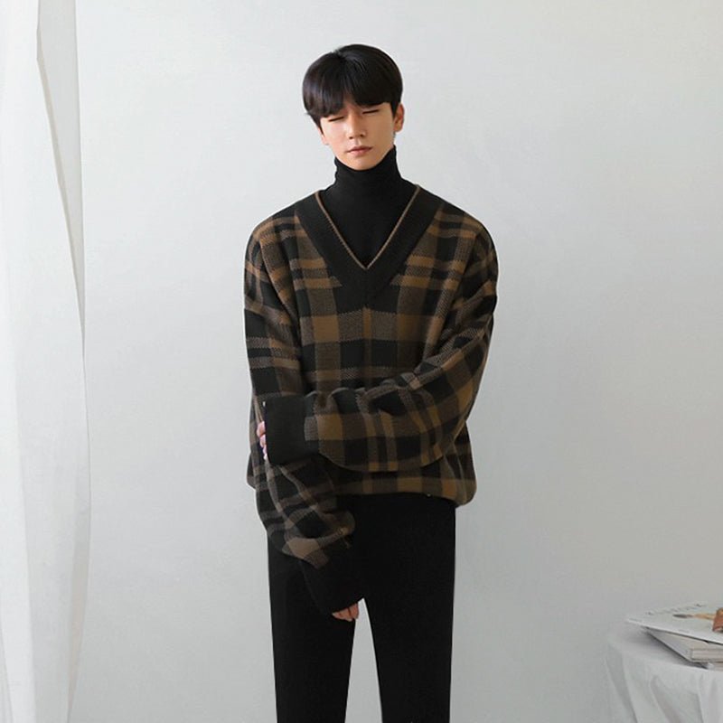 Trend Personality Men's V - neck Plaid Sweater - Elevra