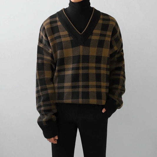 Trend Personality Men's V - neck Plaid Sweater - Elevra