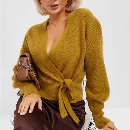 V - neck Lace - up Knitted Sweater Women's Coat - Elevra