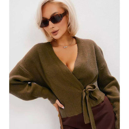 V - neck Lace - up Knitted Sweater Women's Coat - Elevra