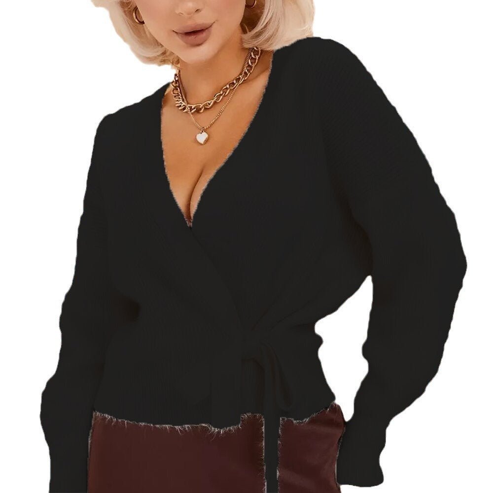 V - neck Lace - up Knitted Sweater Women's Coat - Elevra