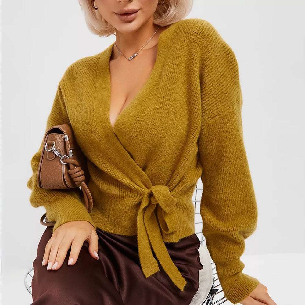 V - neck Lace - up Knitted Sweater Women's Coat - Elevra