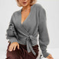 V - neck Lace - up Knitted Sweater Women's Coat - Elevra