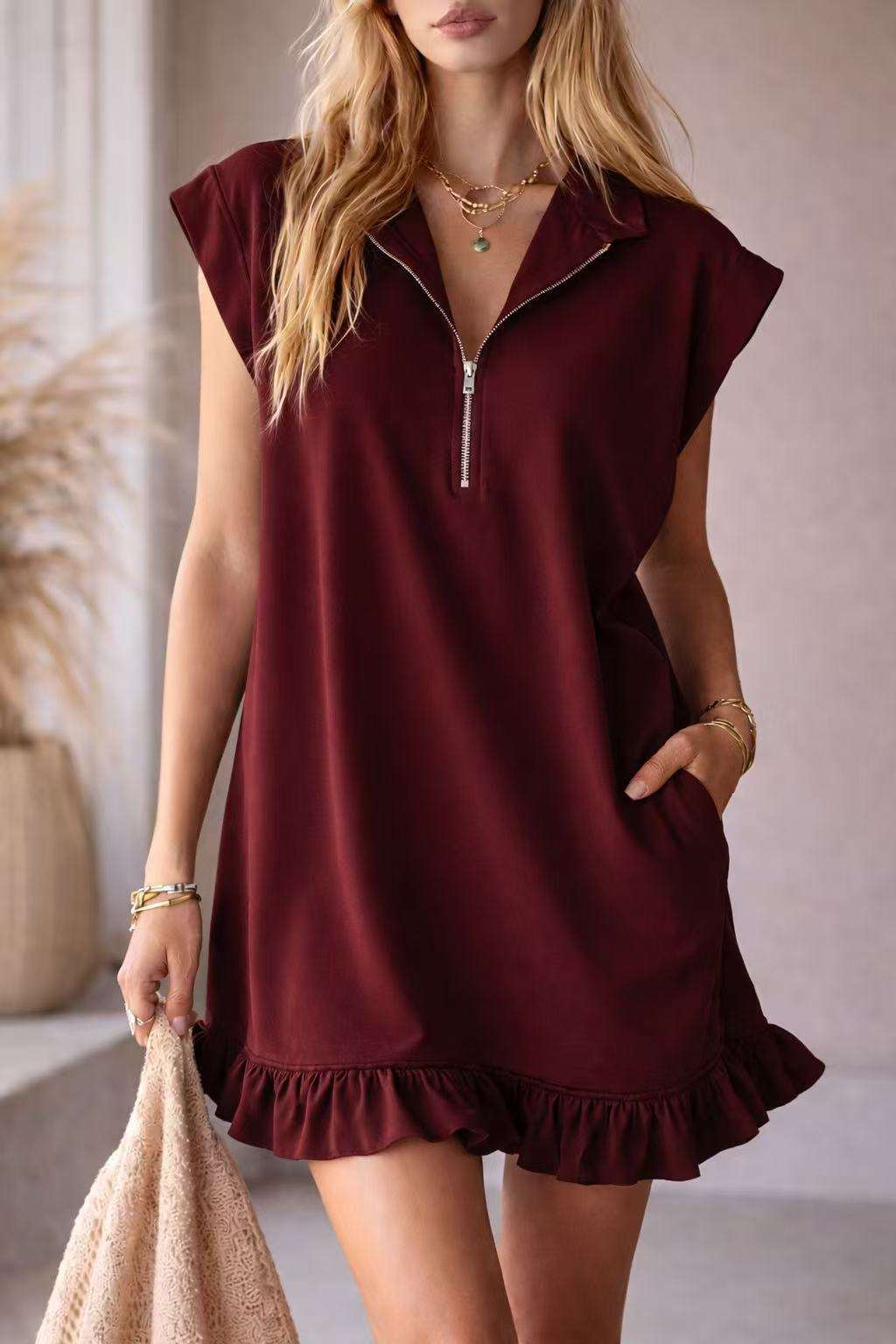 V - Neck Sleeveless Dress - Women's Casual Summer Dress With Two Front Pockets And Back Zipper Closure For Daily Wear - Elevra