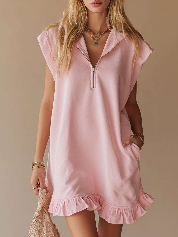 V - Neck Sleeveless Dress - Women's Casual Summer Dress With Two Front Pockets And Back Zipper Closure For Daily Wear - Elevra