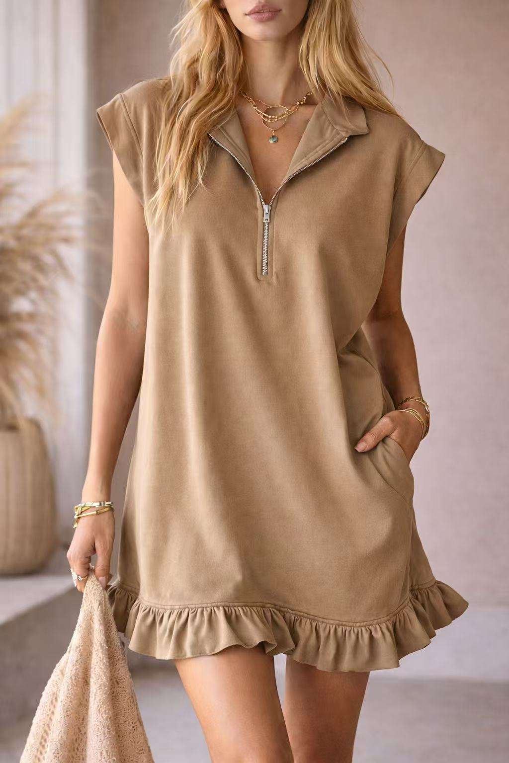 V - Neck Sleeveless Dress - Women's Casual Summer Dress With Two Front Pockets And Back Zipper Closure For Daily Wear - Elevra