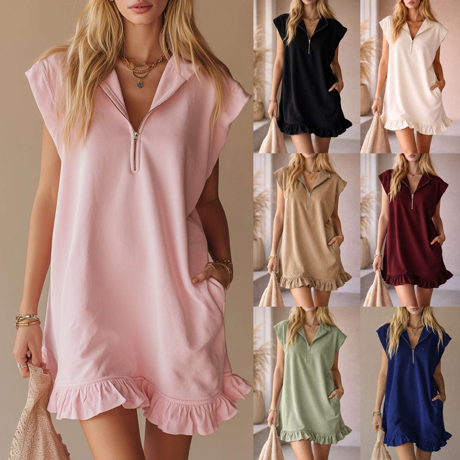 V - Neck Sleeveless Dress - Women's Casual Summer Dress With Two Front Pockets And Back Zipper Closure For Daily Wear - Elevra