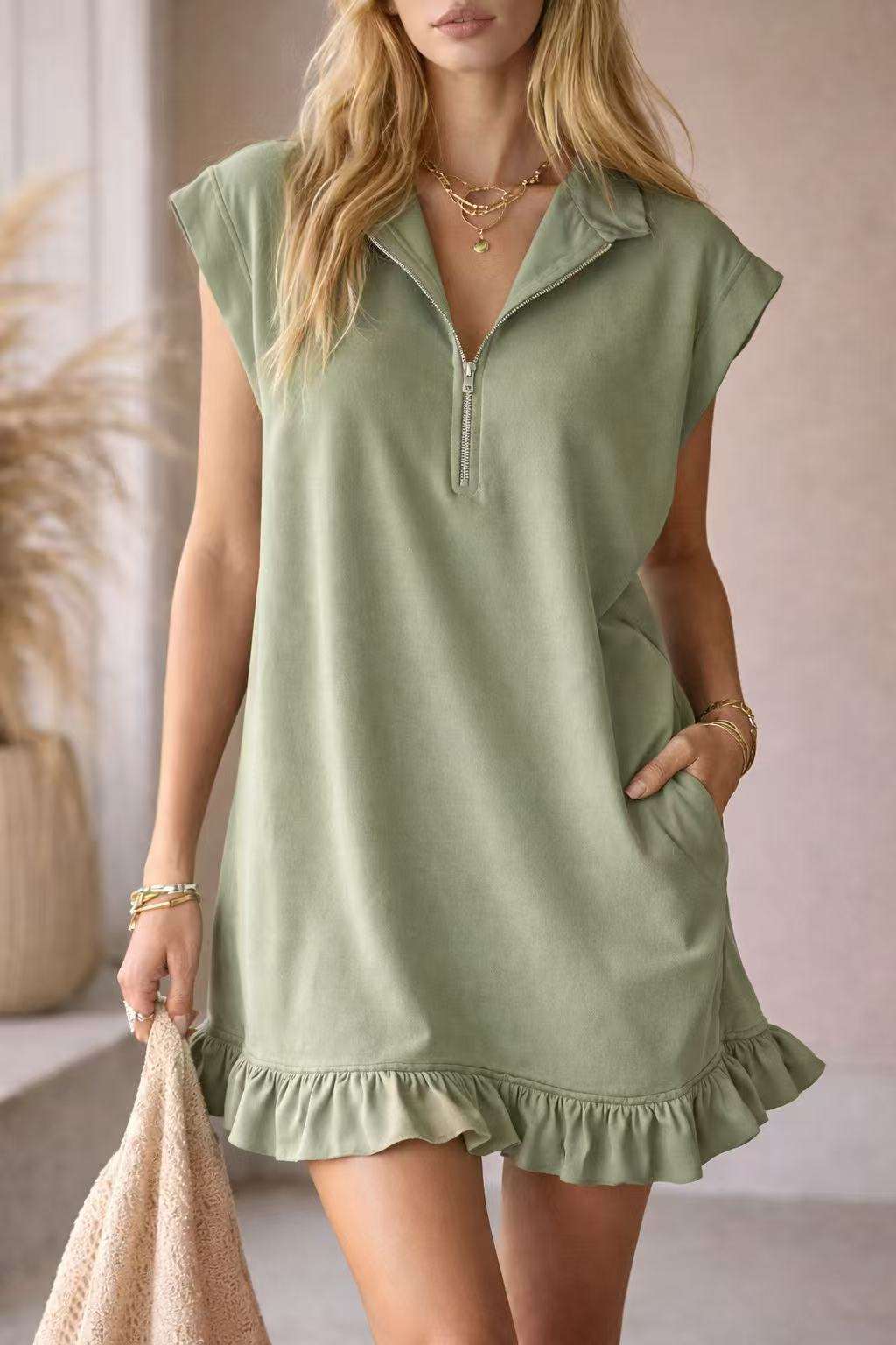 V - Neck Sleeveless Dress - Women's Casual Summer Dress With Two Front Pockets And Back Zipper Closure For Daily Wear - Elevra