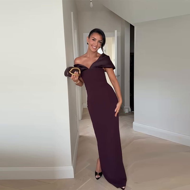 V - neck Slim - fit Waist Sheath Split Off - the - shoulder Dress - Elevra