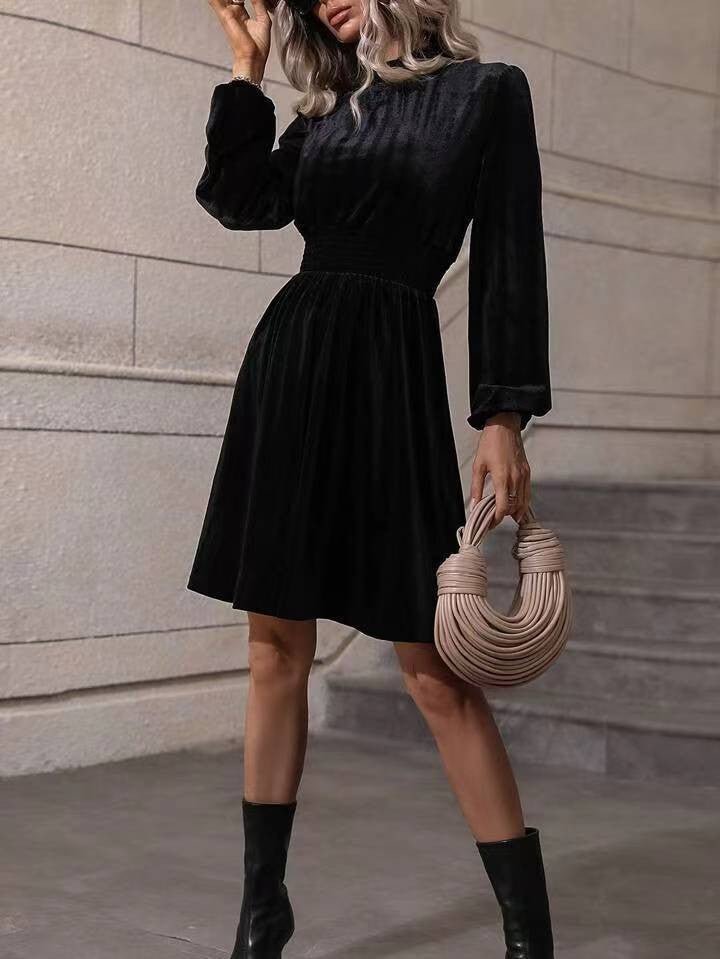 Velvet Long Sleeve Dress –Graceful Stand Collar Womens Dress - Elevra