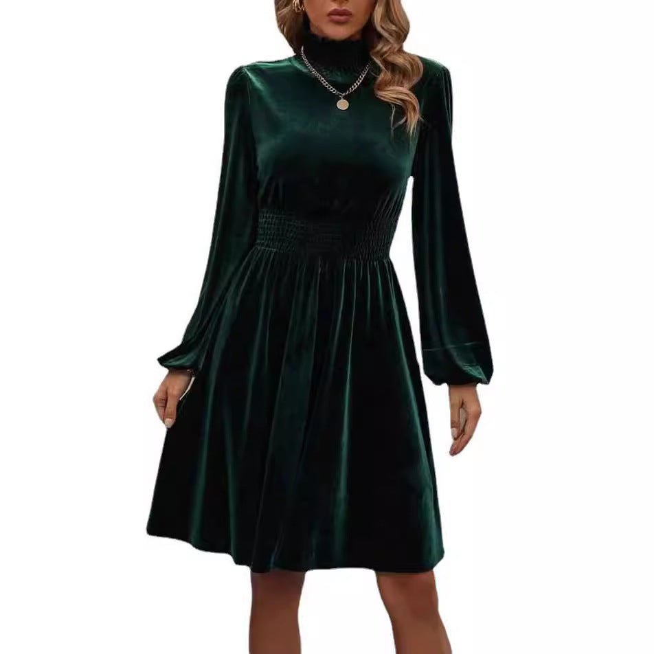 Velvet Long Sleeve Dress –Graceful Stand Collar Womens Dress - Elevra