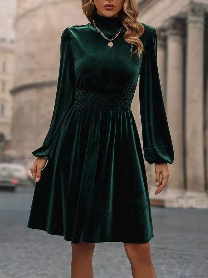 Velvet Long Sleeve Dress –Graceful Stand Collar Womens Dress - Elevra
