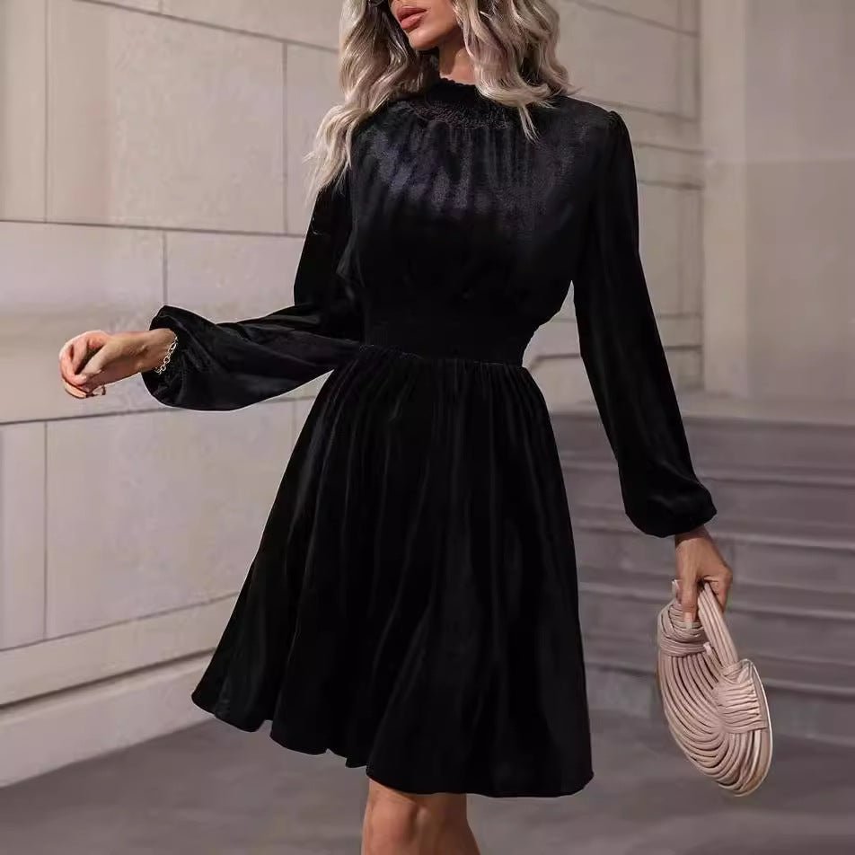 Velvet Long Sleeve Dress –Graceful Stand Collar Womens Dress - Elevra