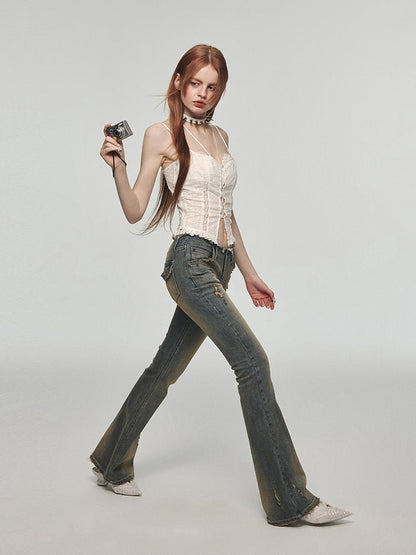 Vintage Washed Distressed Straight Leg Jeans - Elevra