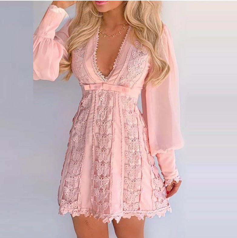 White Elegant Dresses Sexy V Neck Lace Dress Long Puff Sleeve Butterfly Dress For Women - Elevra