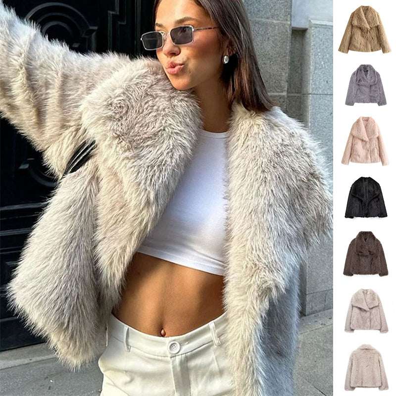 Winter Plush Coat Fashion Warm Thicken Fluffy Lapel Jacket Outwear Casual Long Sleeve Tops Womens Clothing - Elevra