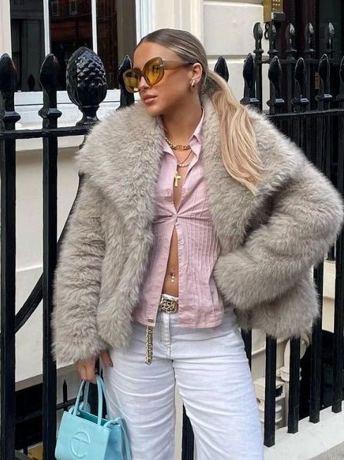 Winter Plush Coat Fashion Warm Thicken Fluffy Lapel Jacket Outwear Casual Long Sleeve Tops Womens Clothing - Elevra