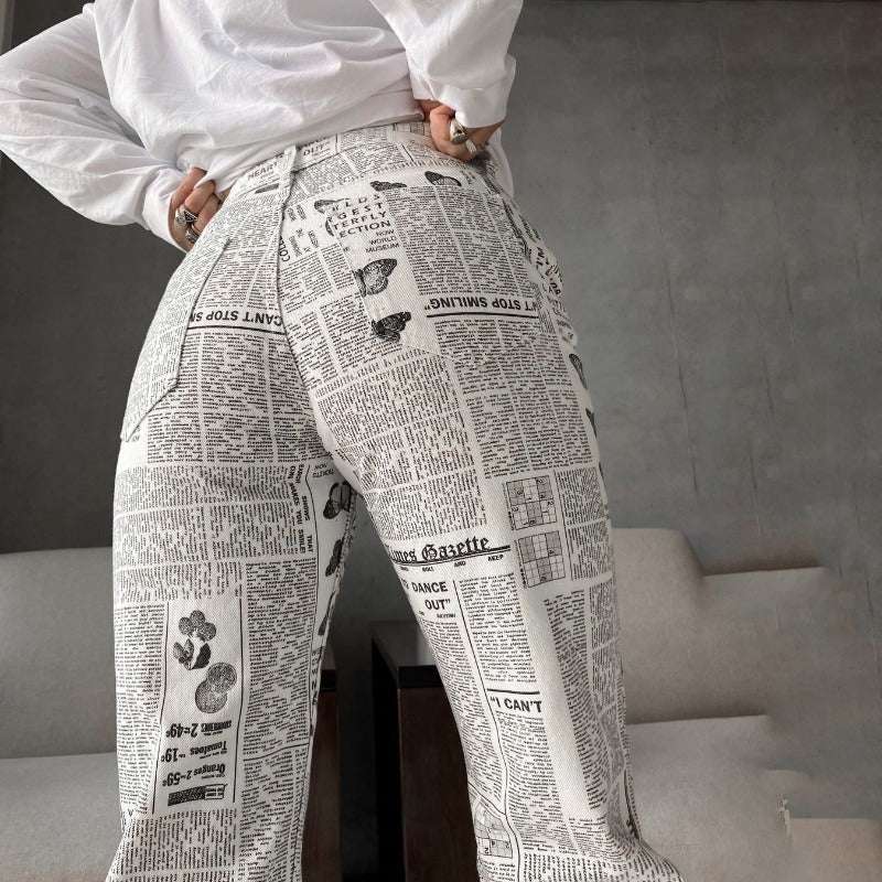 Woman Fashion Beige Print Straight Pants Patchwork Trousers - Elevra