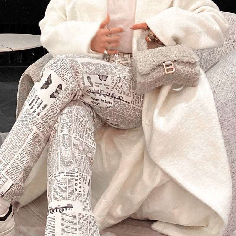 Woman Fashion Beige Print Straight Pants Patchwork Trousers - Elevra