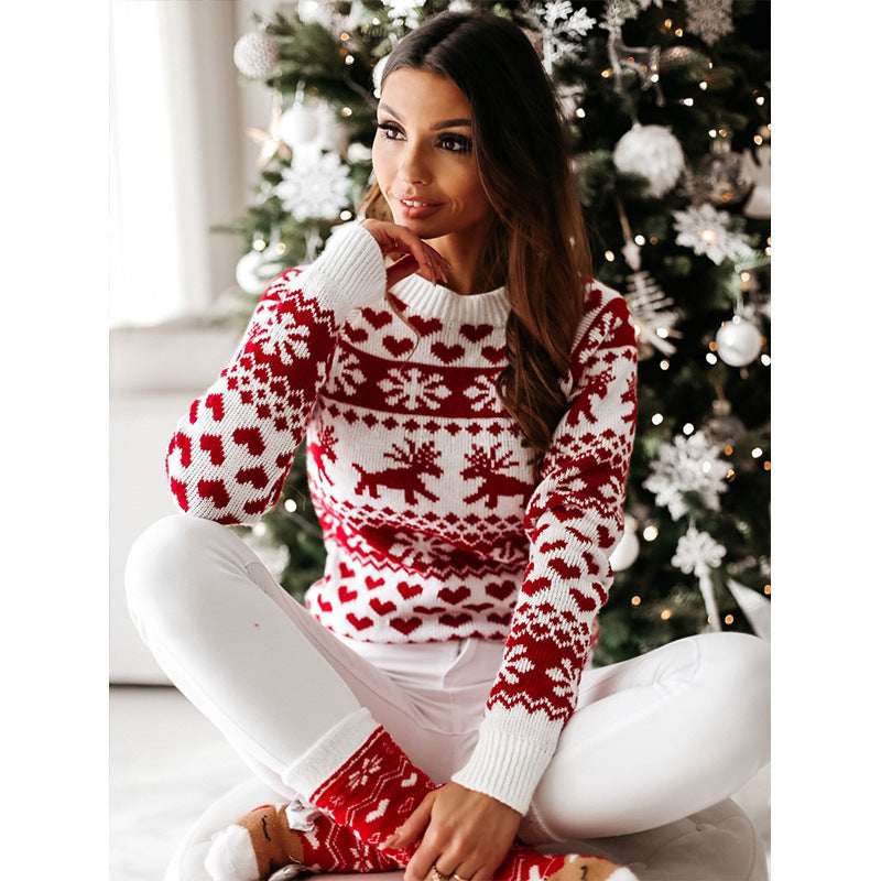 Women Ugly Christmas Sweater – Elk & Snowflake Knit Pullover - Elevra