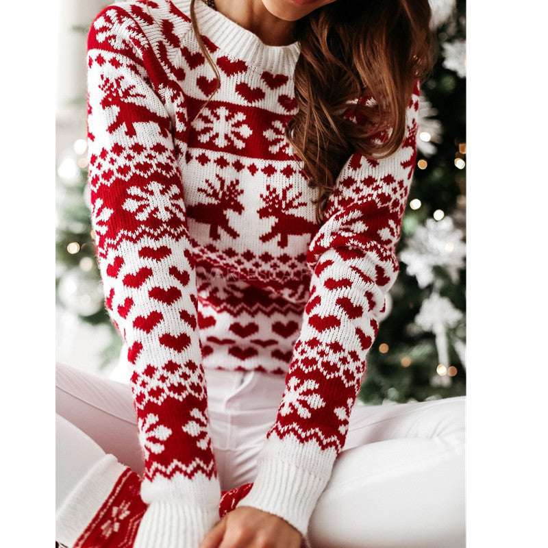 Women Ugly Christmas Sweater – Elk & Snowflake Knit Pullover - Elevra