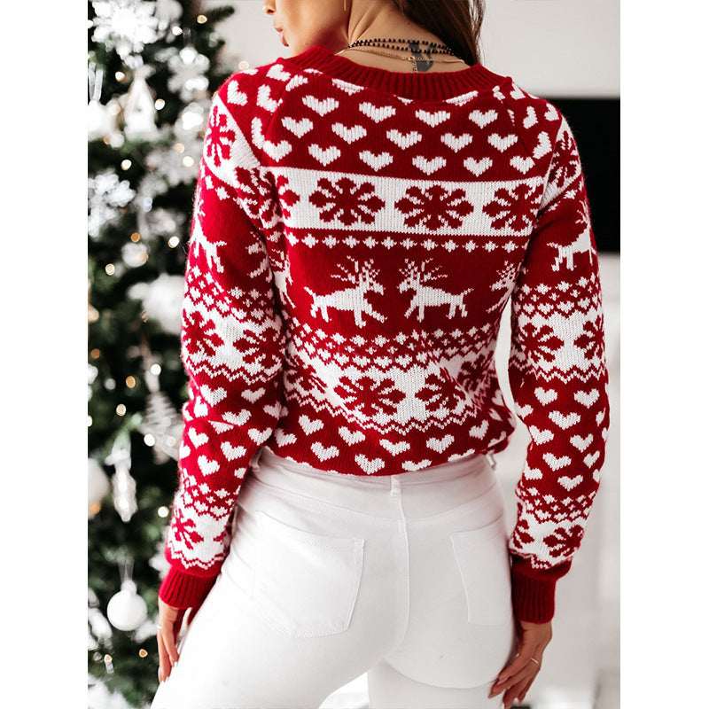 Women Ugly Christmas Sweater – Elk & Snowflake Knit Pullover - Elevra